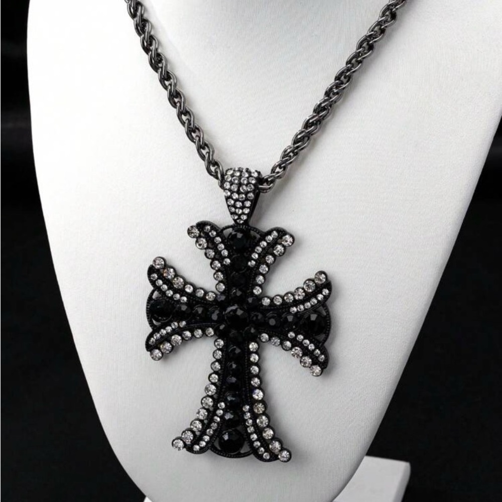 Elegant Black and Silver Cross Pendant Necklace - Picture 2 of 4